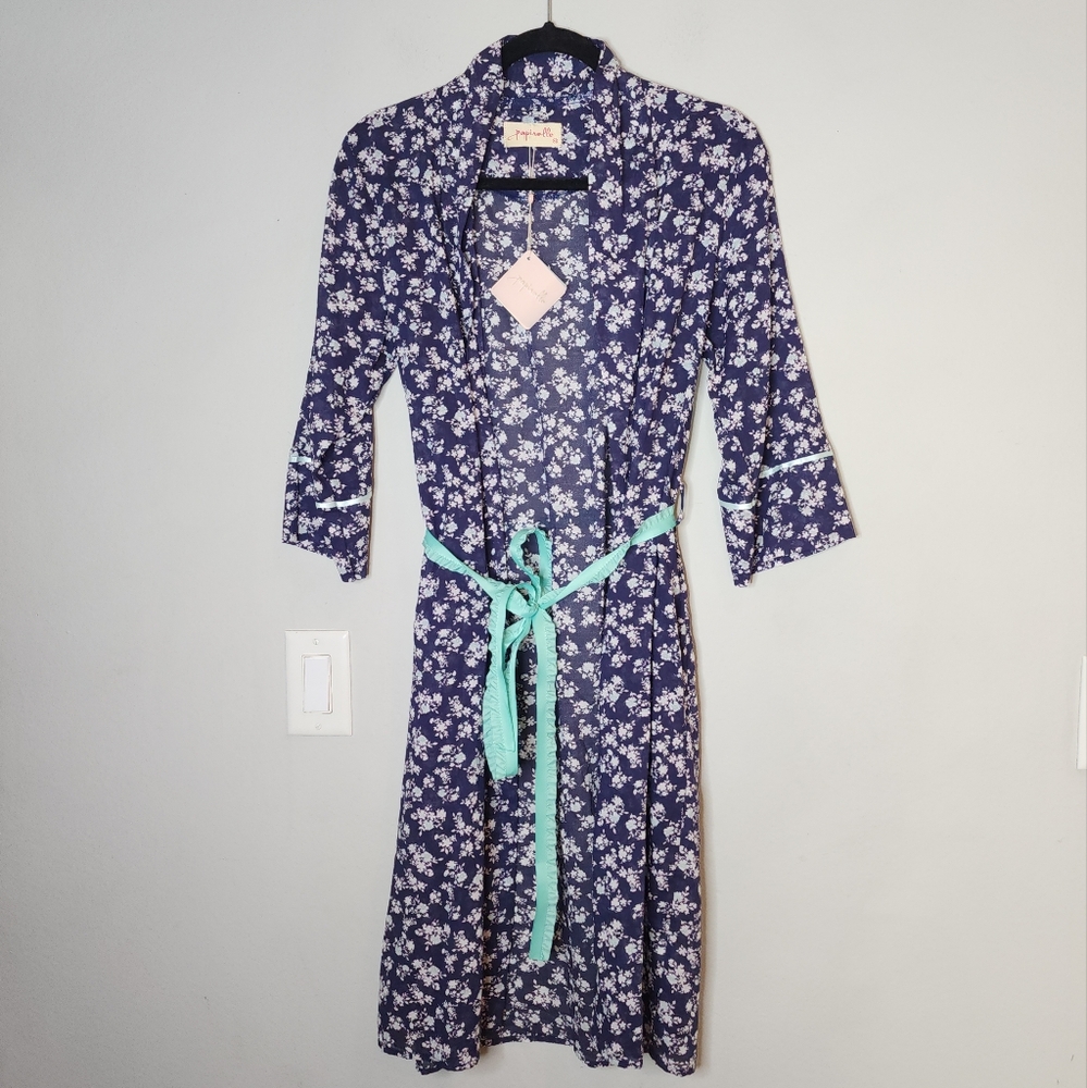 NWT Papinelle Potager Blue Floral Robe Size XS Lightweight 100% Cotton